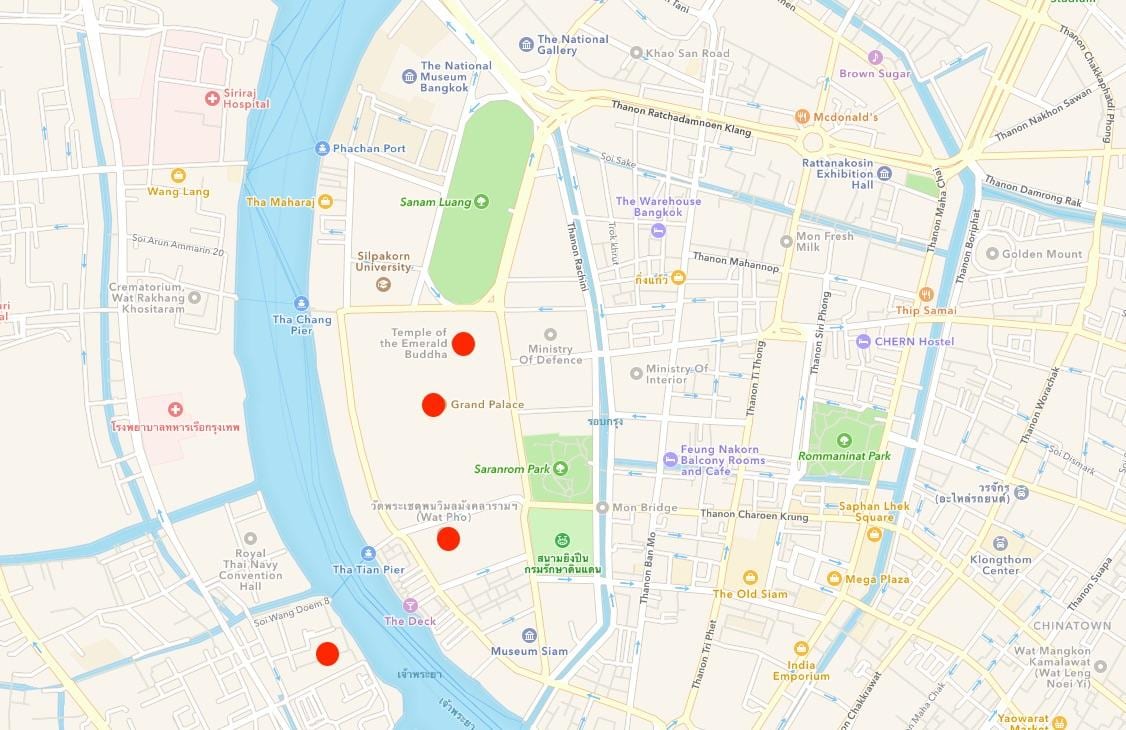 mapa chrámy v meste bangkok