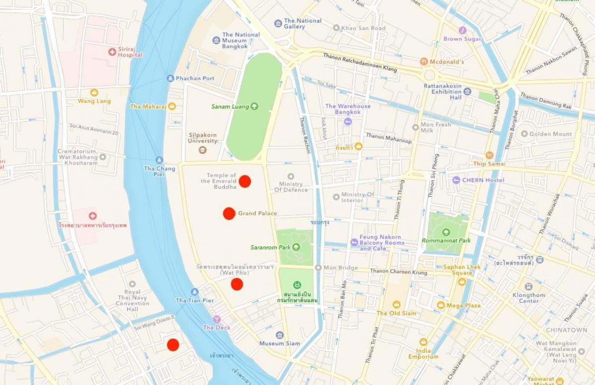mapa chrámy v meste bangkok
